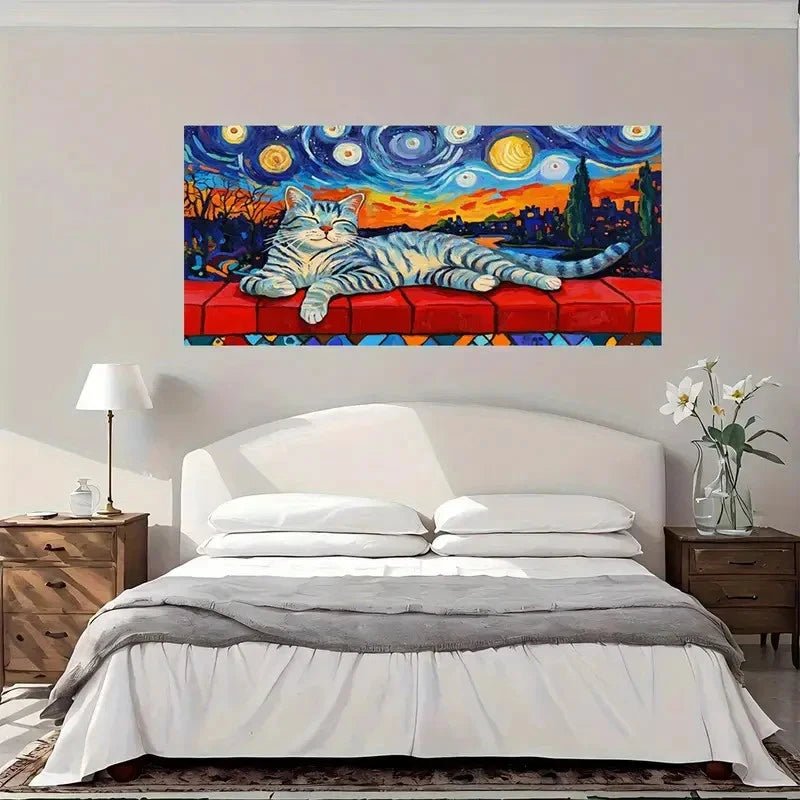 Starry Night Cat Modern Wall Art Canvas Office Home Room Framed 120x60cm