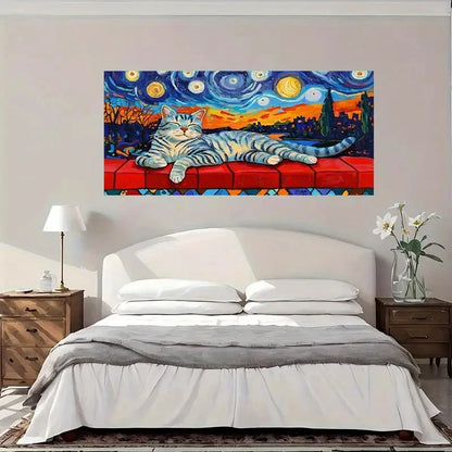 Starry Night Cat Modern Wall Art Canvas Office Home Room Framed 120x60cm