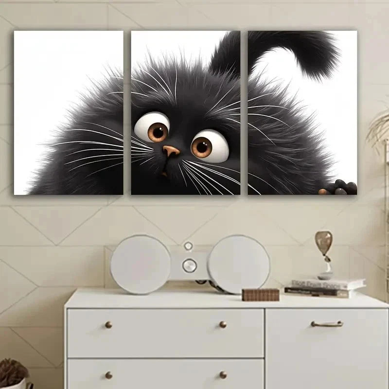 3pcs Cute Black Cat With Big Eyes Wall Art Set Canvas Framed 60x90cm - High Quality Print 100% Australian Made Wall Canvas Ready to Hang - Bella Home Decor