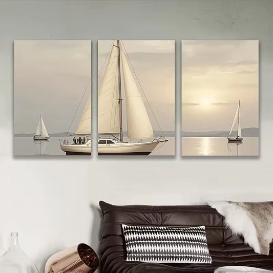 3pcs Sailboat In Sunset Metal Print Ready to Hang Art