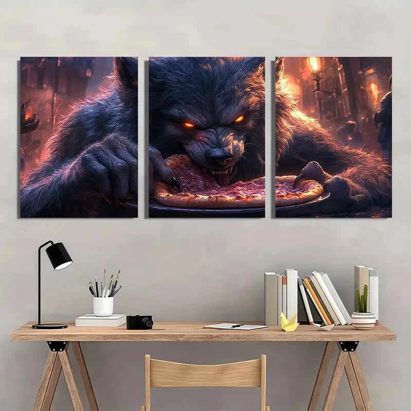 3pcs Wolf Devouring Pizza Horror & Humor Metal Print Ready to Hang Art - Bella Home Decor
