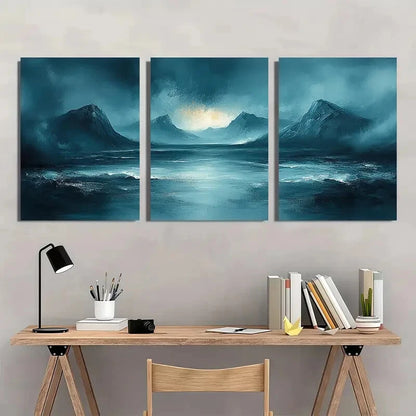 3pcs Teal Gray Abstract Landscape Minimalist Metal Print Ready to Hang Art - Bella Home Decor