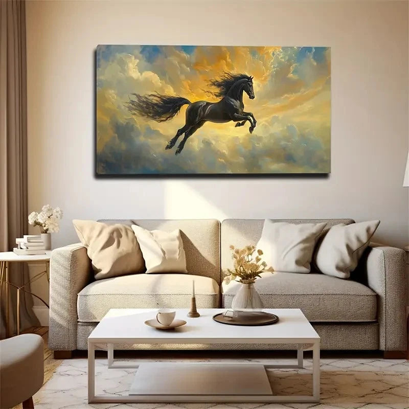 Black Steed Galloping Wall Art canvas office home room framed 120x60cm