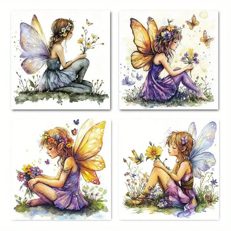 4pcs Enchanted Forest Fairies Wall Art Canvas Framed