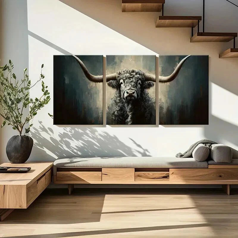 3pcs Artistic Bull Portrait Abstract Painting Metal Print Ready to Hang Art - Bella Home Decor