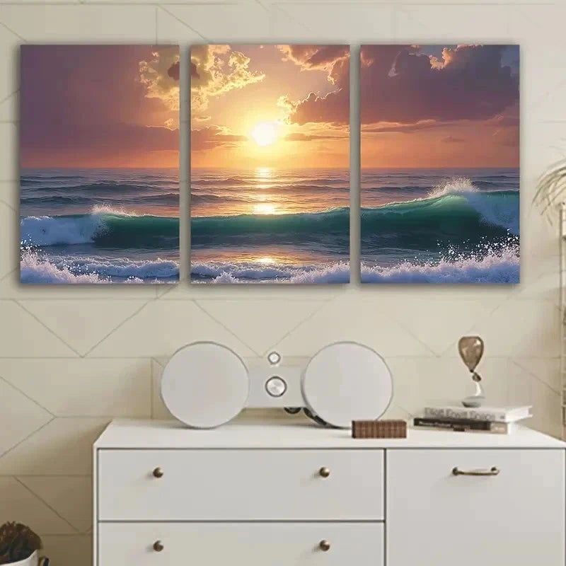 3pcs Sunset Ocean Waves Triptych Wall Art Set Canvas Framed 60x90cm - High Quality Print 100% Australian Made Wall Canvas Ready to Hang