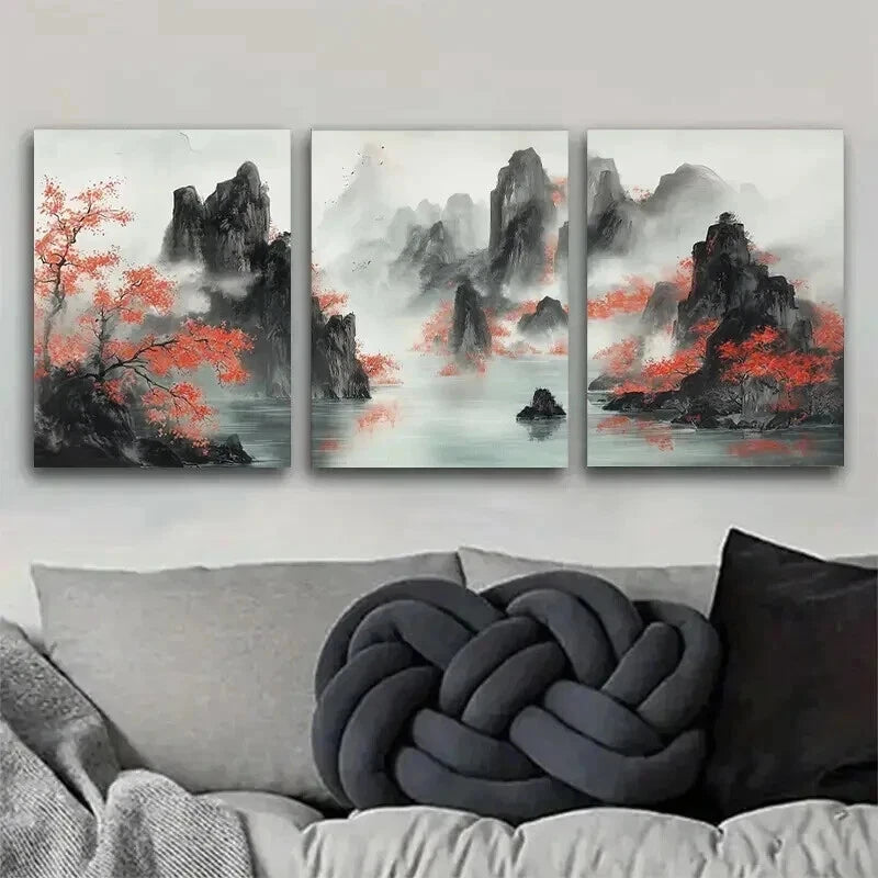 3pcs Mountain Landscape Red Swirl Décor Perfect Wall Art Set Canvas Framed 50x70cm - High Quality Print 100% Australian Made Wall Canvas Ready to Hang - Bella Home Decor