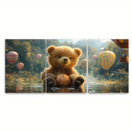 3pcs Whimsical Baby Bear Wall Art Set Canvas Framed 60x90cm - High Quality Print 100% Australian Made Wall Canvas Ready to Hang
