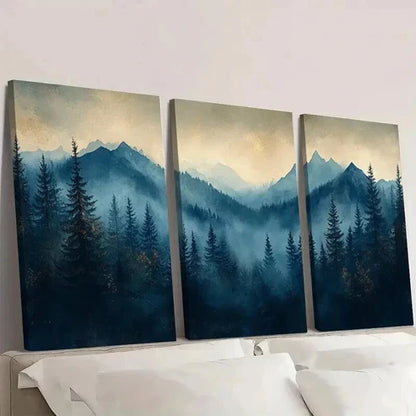 3pcs Blue & Golden Glitter Misty Forest Wall Art Canvas Unframed - High Quality Print 100% Australian Made Wall Canvas