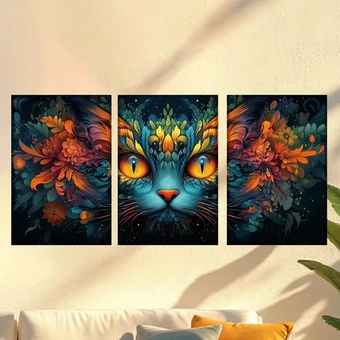 3pcs Charming abstract painted blue cat modern Wall Art Set Canvas Unframed - High Quality Print 100% Australian Made Wall Canvas - Bella Home Decor