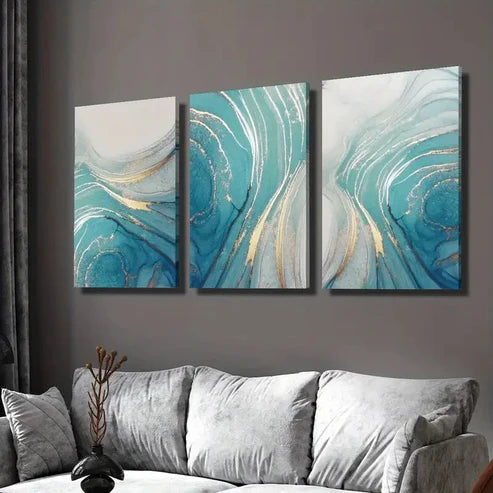3pcs Beautiful Blue Golden Beach Fluid Wall Art Set Canvas Unframed - High Quality Print 100% Australian Made Wall Canvas - Bella Home Decor