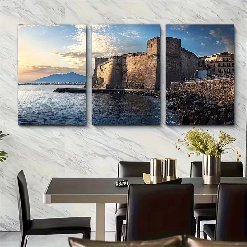 3pcs Castel dell'Ovo Naples Metal Print Ready to Hang Art - Bella Home Decor