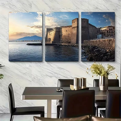 3pcs Castel dell'Ovo Naples Metal Print Ready to Hang Art - Bella Home Decor