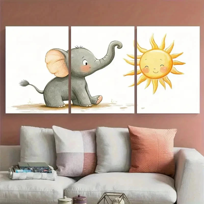 3pcs Babar Elephant doing Yoga Sun Salutation Wall Art Set Canvas Framed 60x90cm - High Quality Print 100% Australian Made Wall Canvas Ready to Hang - Bella Home Decor
