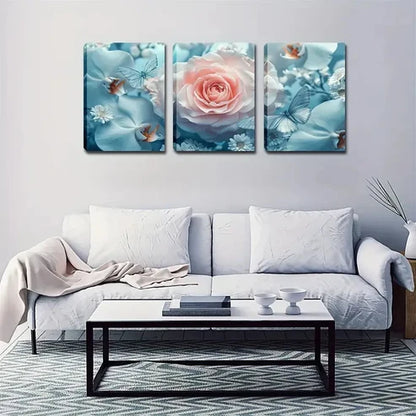 3pcs Serene Light Blue Floral & Butterfly Design Wall Art Set Canvas Unframed - High Quality Print 100% Australian Made Wall Canvas