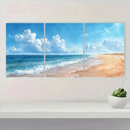 3pcs Serene Ocean Waves & Sandy Shores Watercolor Metal Print Ready to Hang Art - Bella Home Decor