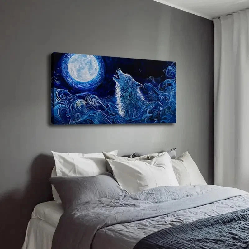 Blue Wolf Howling Under Moon Wall Art Canvas Office Home Room Framed 120x60cm - Bella Home Decor