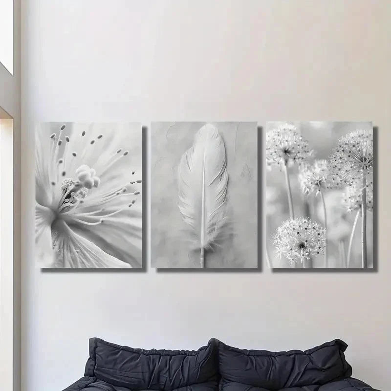 3pcs Black and White Feathers & Wildflowers Metal Print Ready to Hang Art - Bella Home Decor