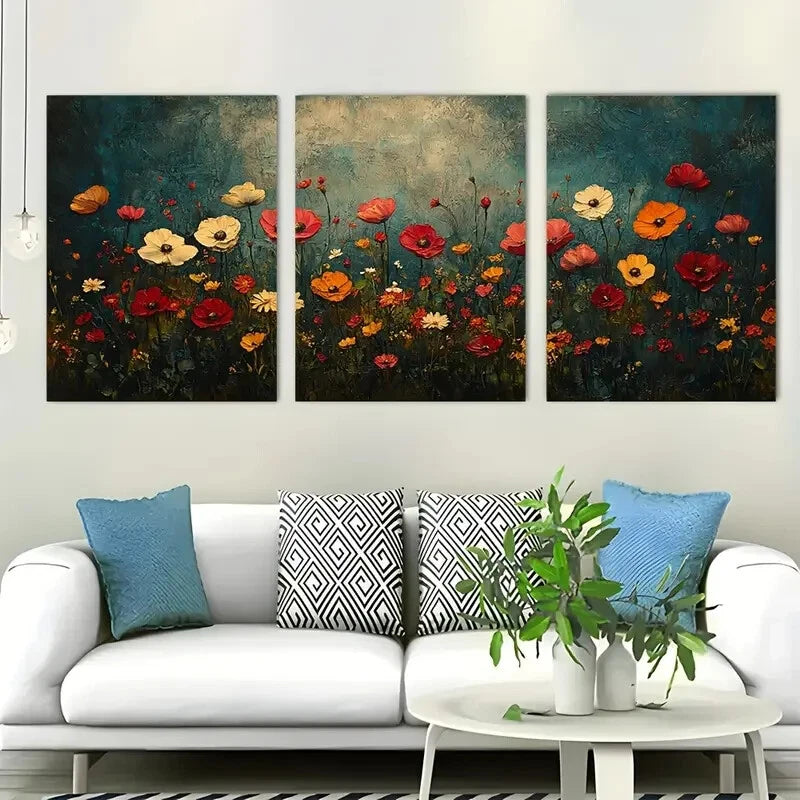 3pcs Dark Floral Meadow Botanical Perfect Wall Art Set Canvas Framed 40x60cm - High Quality Print 100% Australian Made Wall Canvas Ready to Hang - Bella Home Decor