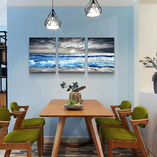 3pcs Depicting Blue Sea Waves Metal Print Ready to Hang Art