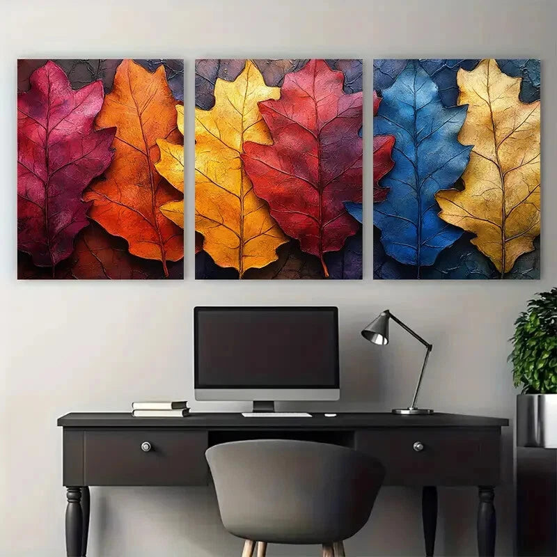 3pcs Vibrant Autumn Leaves Collage Metal Print Ready to Hang Art - Bella Home Decor