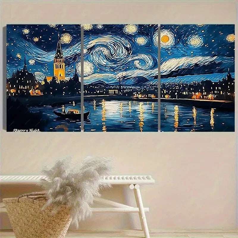 3pcs Van Gogh's Starry Night Tribute Vintage Wall Art Set Canvas Framed 40x60cm - High Quality Print 100% Australian Made Wall Canvas Ready to Hang - Bella Home Decor