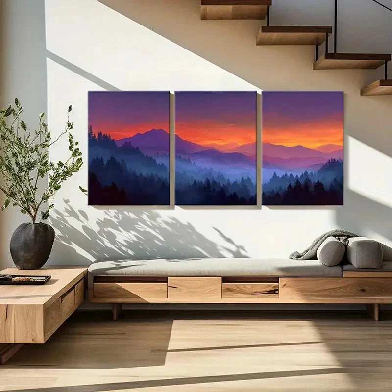 3pcs Sunset Abstract Mountains Forest Landscape Metal Print Ready to Hang Art - Bella Home Decor