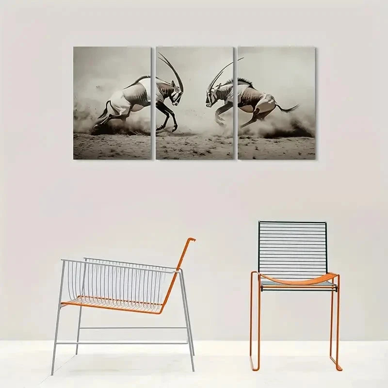 3pcs Dynamic Antelope Duel Painting Metal Print Ready to Hang Art - Bella Home Decor