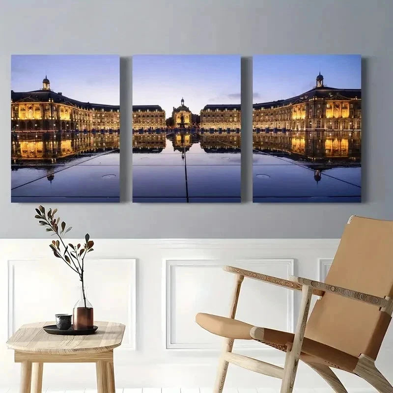 3pcs Historic Architecture Reflected in Water  Wall Art Set Canvas Framed 60x90cm - High Quality Print 100% Australian Made Wall Canvas Ready to Hang
