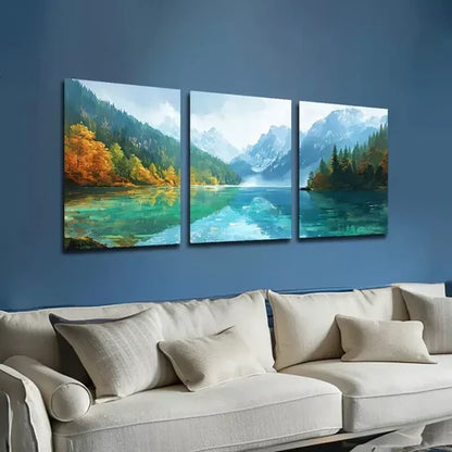 3pcs Featuring Green Lakes And Mountains Wall Art Set Wall Art Canvas Unframed - High Quality Print 100% Australian Made Wall Canvas