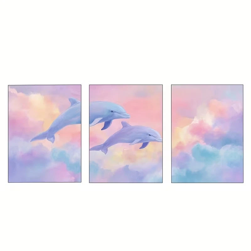 3pcs Soft Rainbow Sky Dolphin and Clouds Wall Art Set Canvas Framed 50x70cm - High Quality Print 100% Australian Made Wall Canvas Ready to Hang