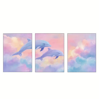 3pcs Soft Rainbow Sky Dolphin and Clouds Wall Art Set Canvas Framed 50x70cm - High Quality Print 100% Australian Made Wall Canvas Ready to Hang