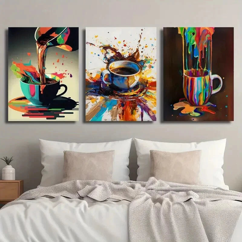 3pcs Vibrant Coffee Splatter Colorful Perfect Wall Art Set Canvas Framed 40x60cm - High Quality Print 100% Australian Made Wall Canvas Ready to Hang - Bella Home Decor