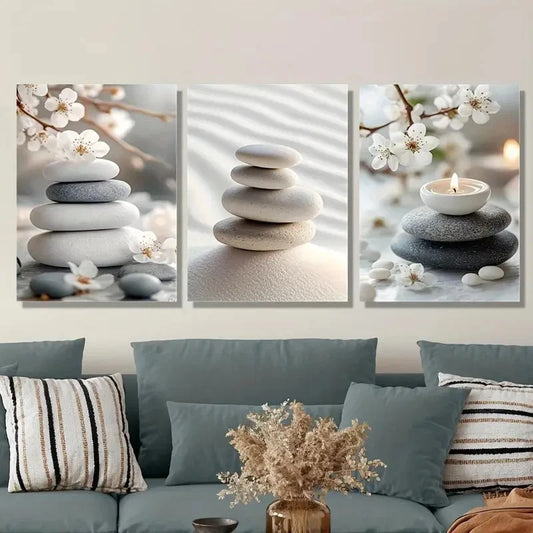 3pcs Beautiful Pebbles on Gray Background Metal Print Ready to Hang Art