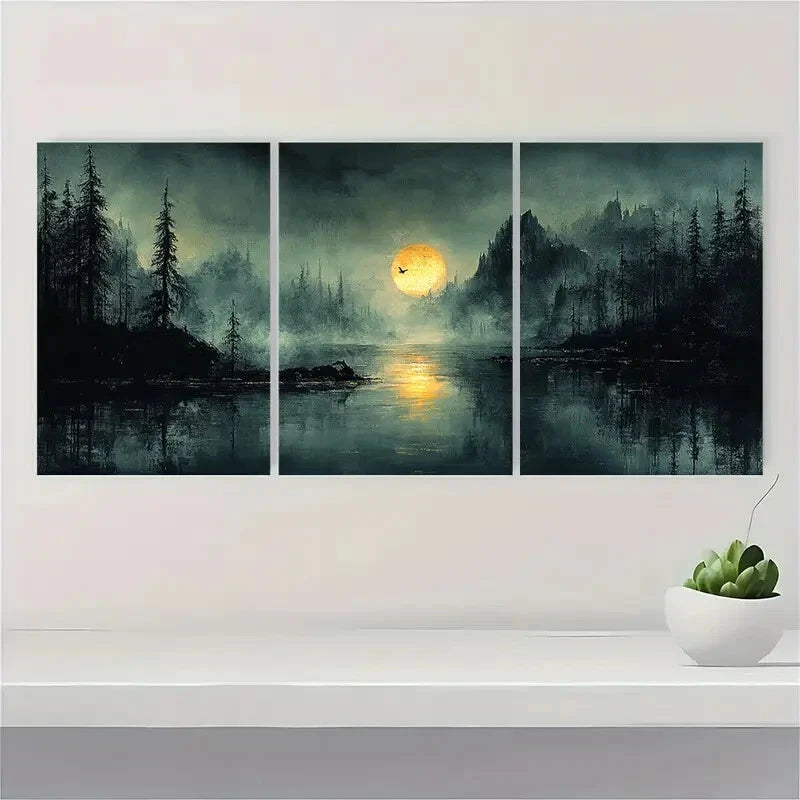 3pcs Abstract Nature Paintings Moonlit Landscape Metal Print Ready to Hang Art
