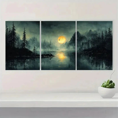 3pcs Abstract Nature Paintings Moonlit Landscape Metal Print Ready to Hang Art