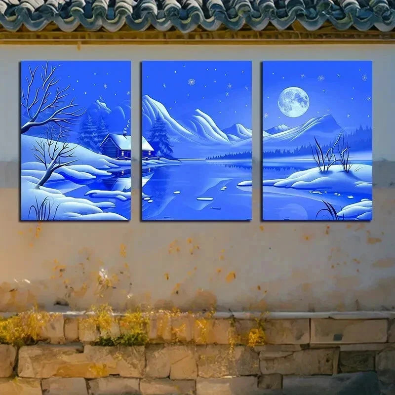 3pcs Rustic Winter Night Scene with Moon Wall Art Set Canvas Framed 40x60cm - High Quality Print 100% Australian Made Wall Canvas Ready to Hang