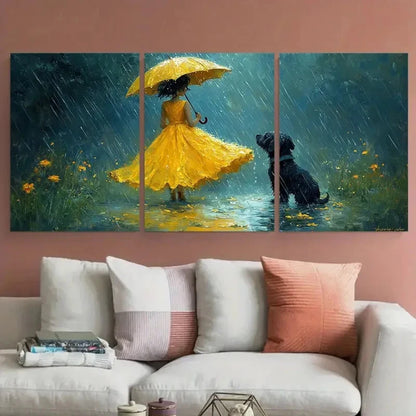 3pcs Whimsical Yellow Dress Girl and Dog in Rain Metal Print Ready to Hang Art - Bella Home Decor