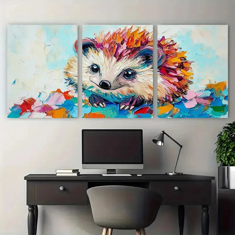 3pcs Cute Hedgehog Impasto Colorful Animal Metal Print Ready to Hang Art - Bella Home Decor