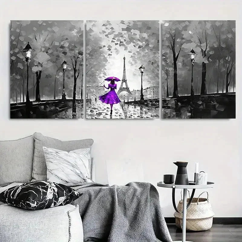 3pcs Paris Rainy Night Eiffel Tower Purple Wall Art Canvas Unframed - High Quality Print 100% Australian Made Wall Canvas