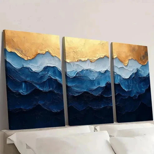 3pcs Blue and White Golden Texture Painting EO Wall Art Set Canvas Unframed - High Quality Print 100% Australian Made Wall Canvas - Bella Home Decor