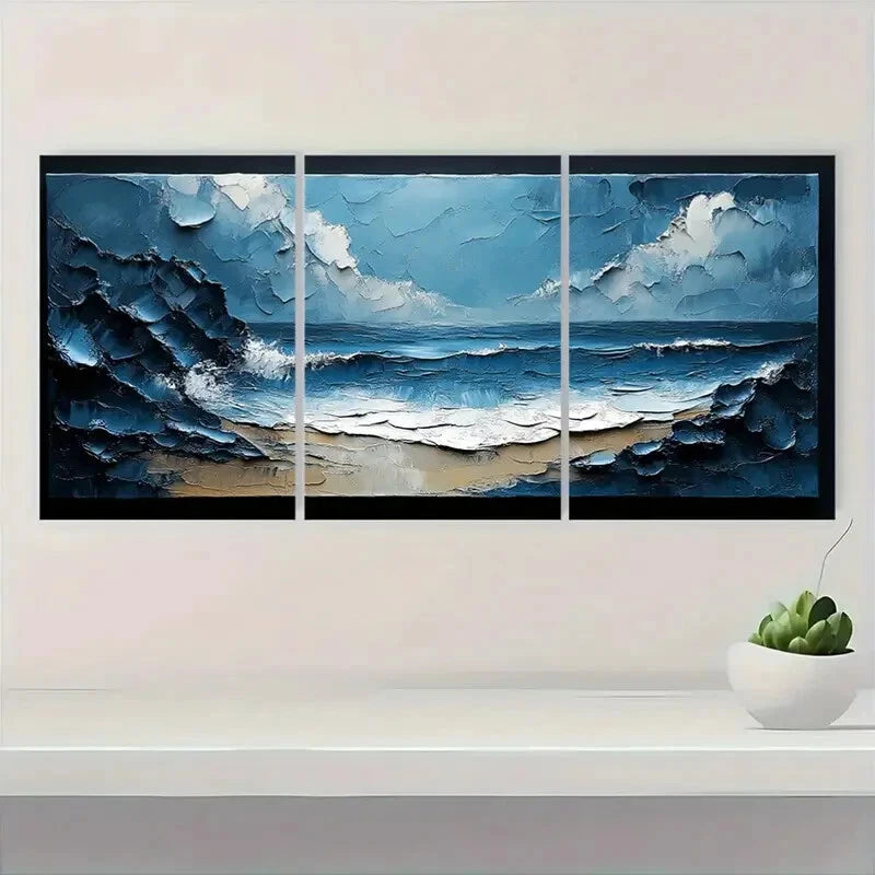 3pcs Abstract Ocean Waves Blue & Gray Textured Metal Print Ready to Hang Art - Bella Home Decor