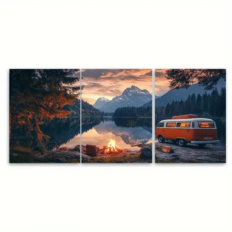 3pcs Camping Kombi Van Adventure Forest Scene Wall Art Set Canvas Framed 50x70cm - High Quality Print 100% Australian Made Wall Canvas Ready to Hang - Bella Home Decor