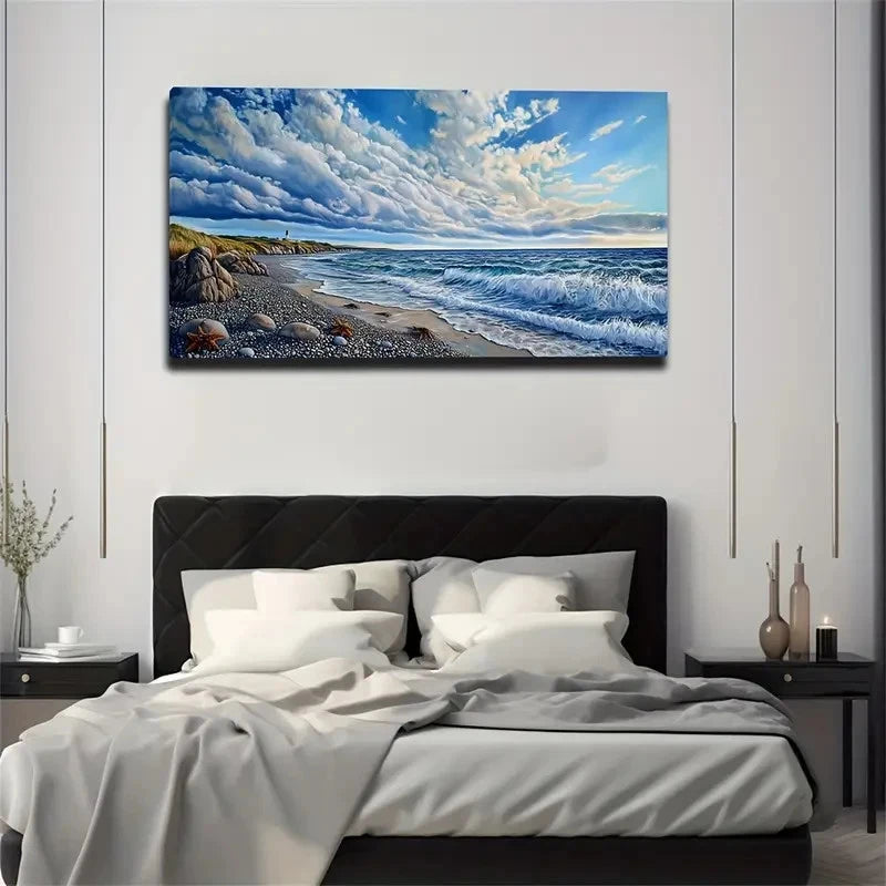 White Clouds Seashore Wall Art Canvas Office Home Room Framed 120x60cm