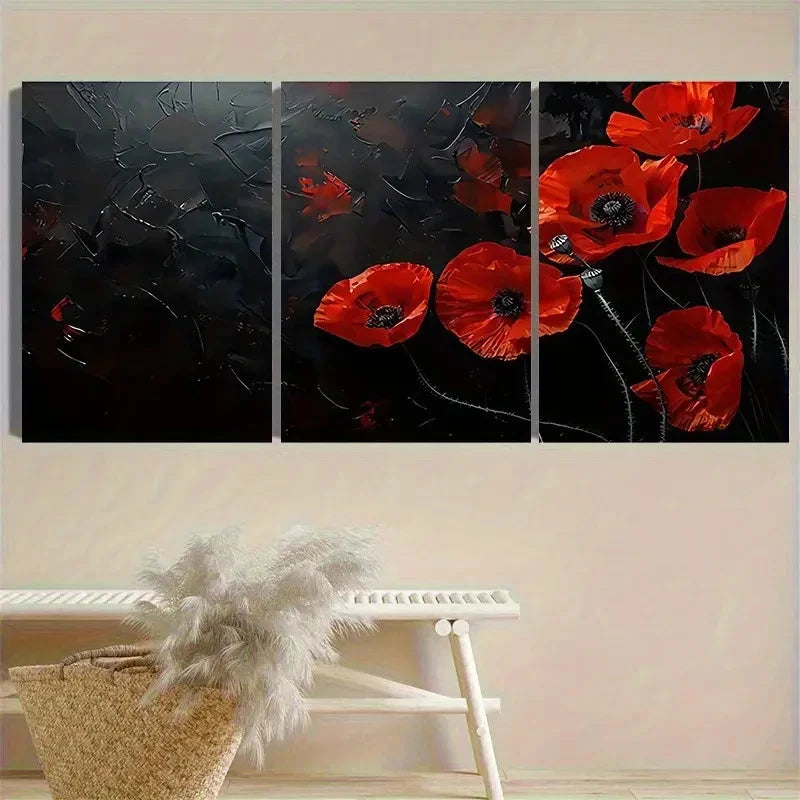 3pcs Dark Red Poppy Field Vintage Wall Art Set Canvas Framed 50x70cm - High Quality Print 100% Australian Made Wall Canvas Ready to Hang - Bella Home Decor
