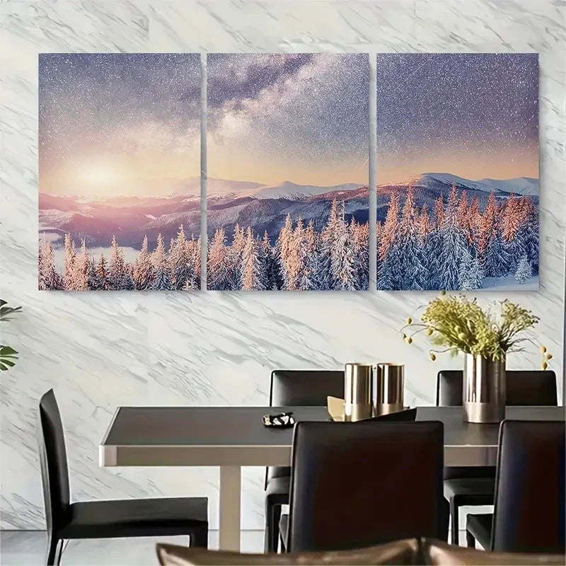 3pcs Snowy Trees Art Starry Night Winter Metal Print Ready to Hang Art