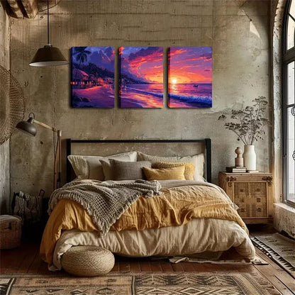 3pcs Beach Scene with Palm Trees & Sunset Wall Art Set Wall Art Canvas Unframed - High Quality Print 100% Australian Made Wall Canvas - Bella Home Decor