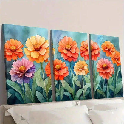 3pcs Zinnia Watercolor Floral  RT   Wall Art Set Canvas Framed 60x90cm - High Quality Print 100% Australian Made Wall Canvas Ready to Hang
