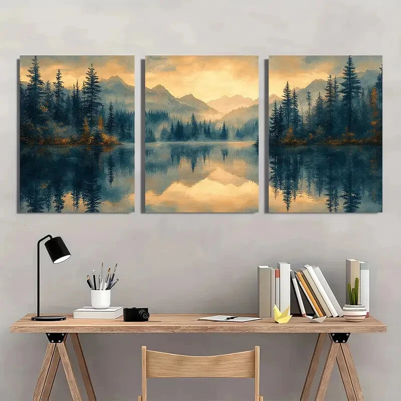 3pcs Misty Forest Reflection Landscape Metal Print Ready to Hang Art - Bella Home Decor