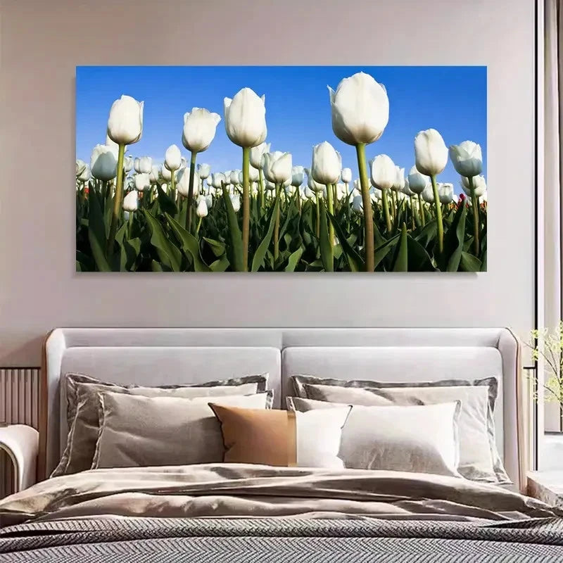 White Tulips & Blue Sky Flower Wall Art Canvas Office Home Room Framed 120x60cm - Bella Home Decor